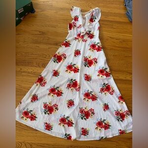 Floral Maxi Dress with Red and White Design